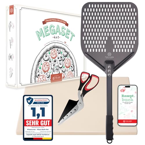 Pizza Lover Premium Pizzastein-Set für Backofen & Grill – 4in1 – inkl. Pizzaschere, perforiertem Pizzaschieber (harteloxiert)+ Pizzastein bis 800°C aus Cordierit + Rezeptbuch von Pizza Lover