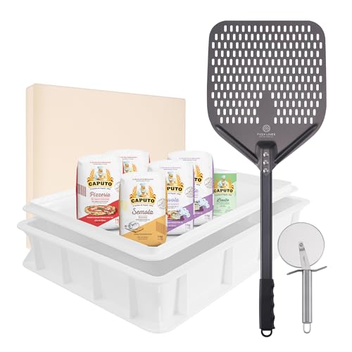 Pizza Lover Premium Pizzastein-Set mit Gärbox und Pizzamehl mit perforiertem Pizzaschieber (harteloxiert) + Pizzastein bis 800°C aus Cordierit + Pizzaschneider, Pizzateigbox & Rezeptbuch von Pizza Lover