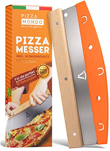 Pizza Mondo® Pizzaschneider - Profi Pizzamesser (Pizza Cutter) effektiver als Pizzaroller | Premium Pizza Wiegemesser aus Edelstahl 32cm mit Holzgriff | Schnelles und gleichmäßiges Schneiden von Pizza Mondo