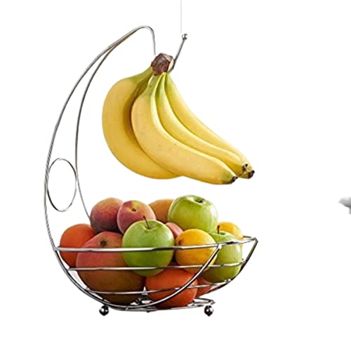 PKGE Edelstahl Obstschale Bananenaufhänger, Chrom-Finish Gemüsekorb Regal Rack Dekorative Küche Schrank Organizer für Obst und Lebensmittel Lagerung Obstkorb Ständer Haken von Pkge