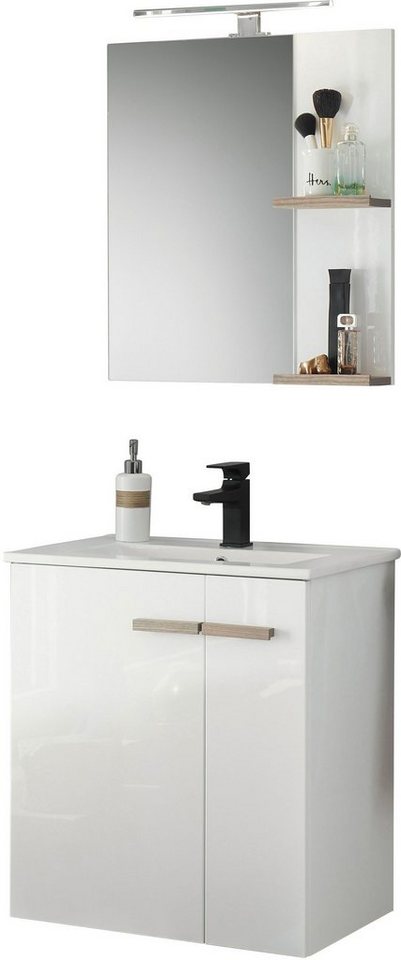 Places of Style Badmöbel-Set SOLiD, Badmöbel-Set, Bad im modernen Design, 2-teiliges Badezimmer, (2-St), Waschtisch mit Waschbecken, Spiegel, Aufbauleuchte, Breite 60 cm von Places of Style