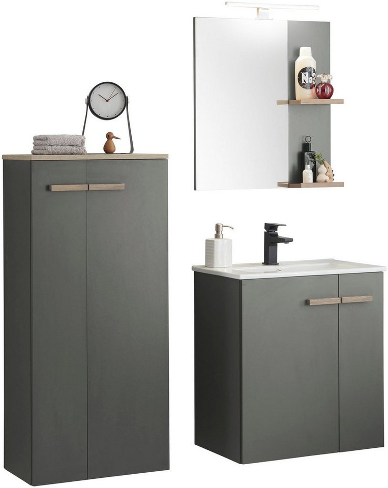 Places of Style Badmöbel-Set SOLiD, Badmöbel-Set, Bad im modernen Design, 3-teiliges Badezimmer, (3-St), Waschtisch mit Waschbecken, Midischrank, Breite 130 cm von Places of Style