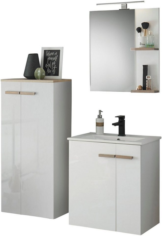Places of Style Badmöbel-Set SOLiD, Badmöbel-Set, Bad im modernen Design, 3-teiliges Badezimmer, (3-St), Waschtisch mit Waschbecken, Midischrank, Breite 130 cm von Places of Style