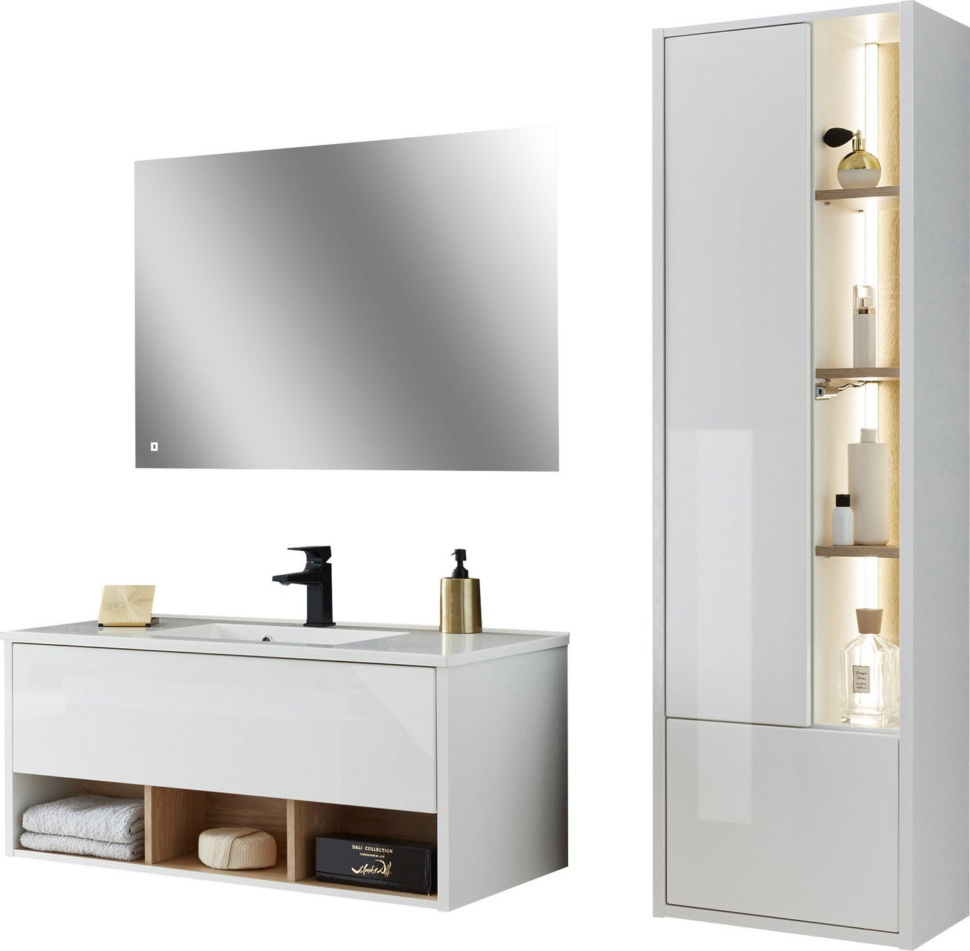 Places of Style Badmöbel-Set Studio Line, Bad im modernen Design, 3-teiliges Badezimmer, (3-St), Schrank, Waschtisch und Spiegel, in zwei Farben verfügbar, Stauraum von Places of Style