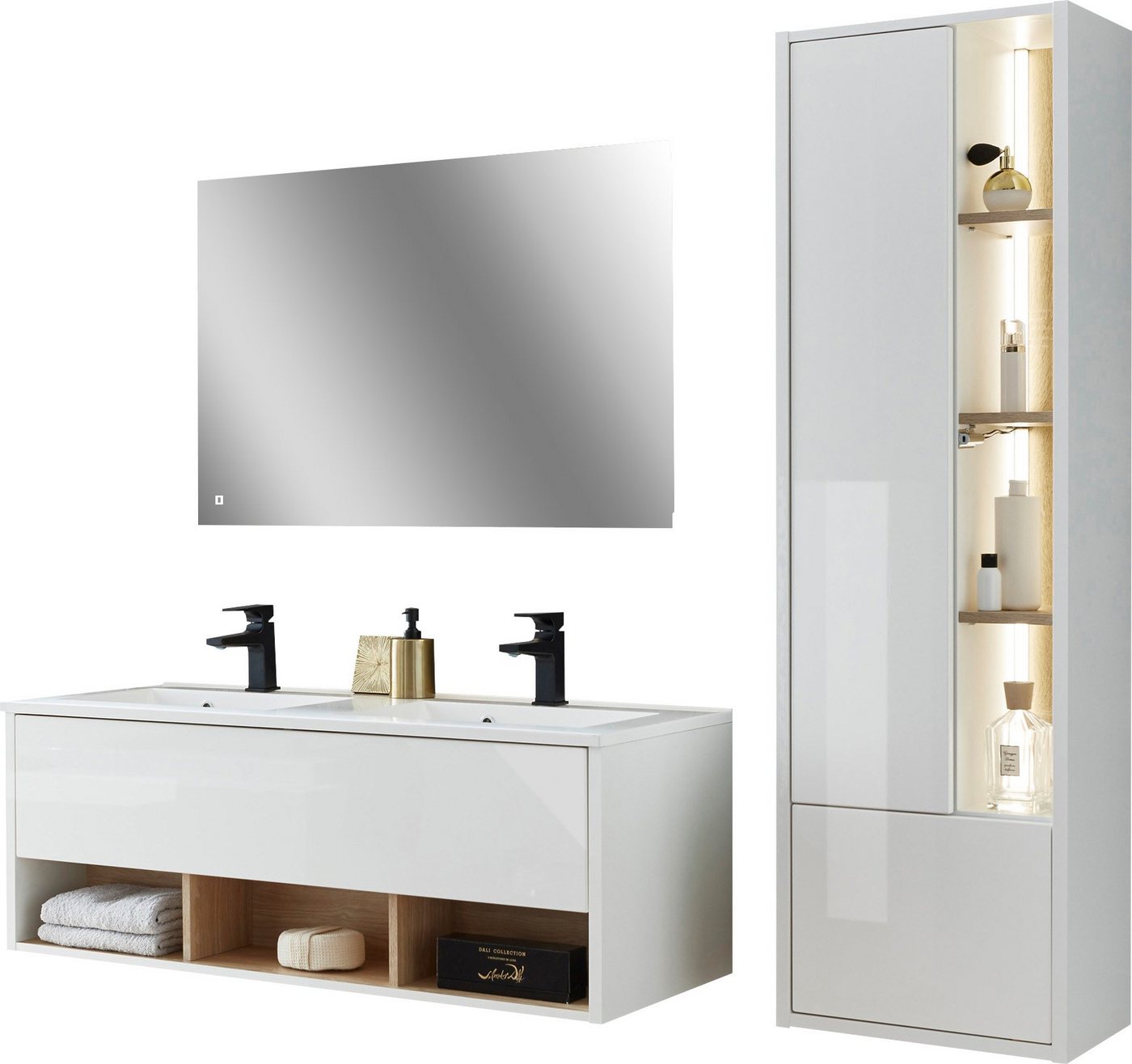 Places of Style Badmöbel-Set Studio Line, Bad im modernen Design, 3-teiliges Badezimmer, (3-St), Schrank, Waschtisch und Spiegel, in zwei Farben verfügbar, Stauraum von Places of Style