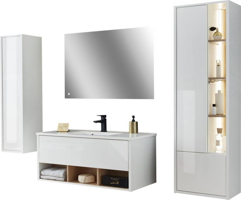 Places of Style Badmöbel-Set Studio Line, Bad im modernen Design, 4-teiliges Badezimmer, (4-St), Schrank, Waschtisch und Spiegel, in zwei Farben verfügbar, Stauraum von Places of Style
