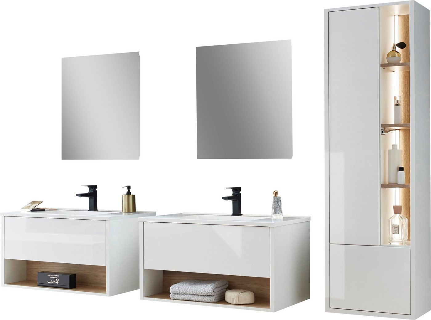 Places of Style Badmöbel-Set Studio Line, Bad im modernen Design, 5-teiliges Badezimmer, (5-St), Schrank, Waschtisch und Spiegel, in zwei Farben verfügbar, Stauraum von Places of Style
