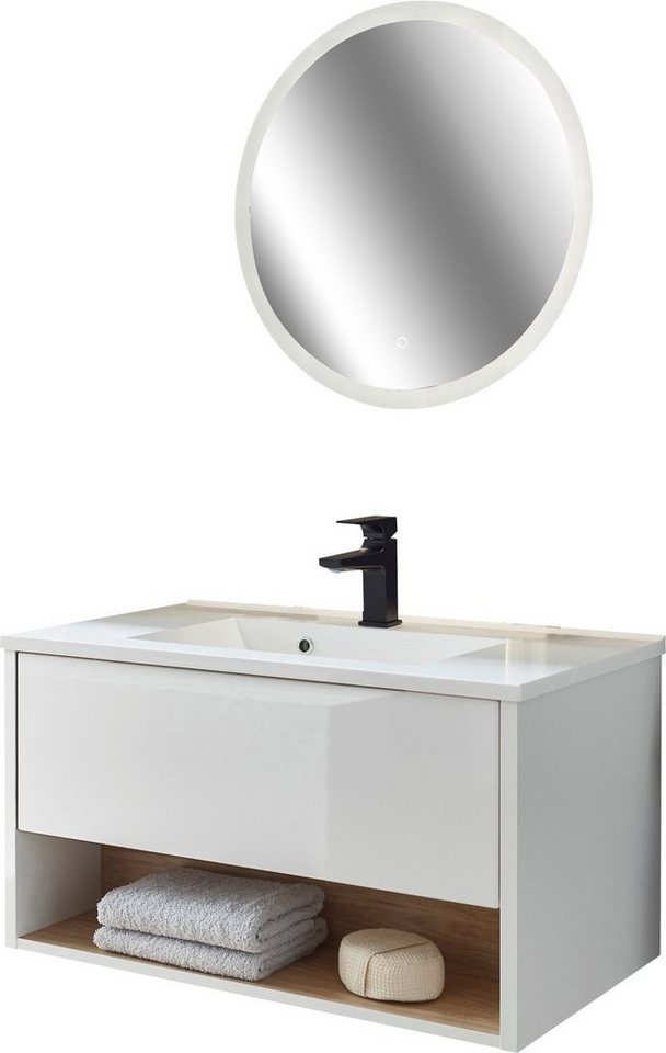 Places of Style Badmöbel-Set Studio Line, Bad im modernen Design, 2-teiliges Badezimmer, (2-St), Waschtisch und Spiegel, in zwei Farben verfügbar, viel Stauraum von Places of Style