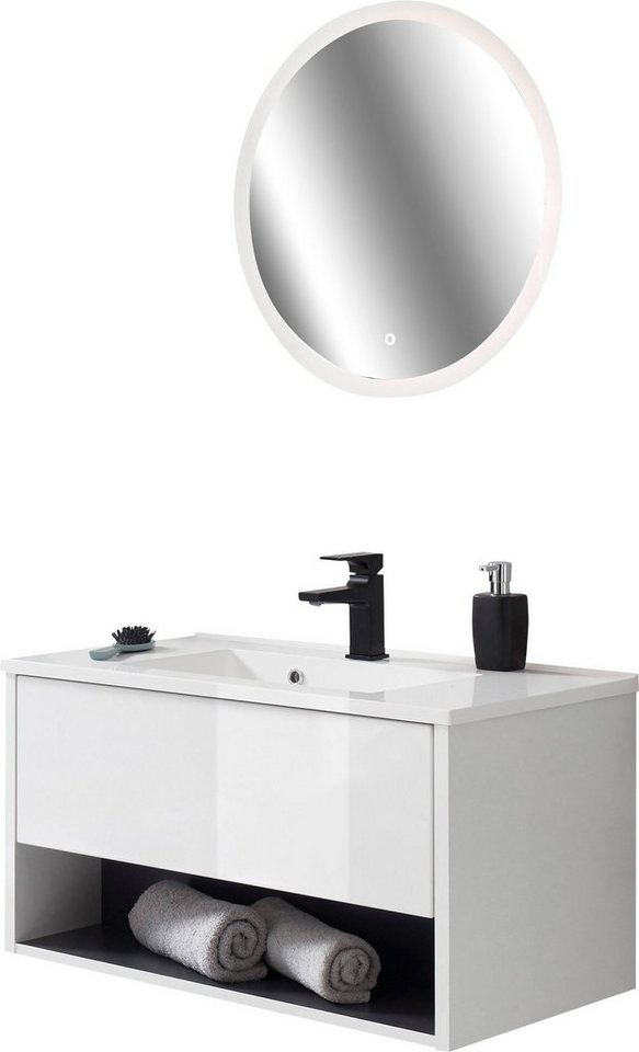 Places of Style Badmöbel-Set Studio Line, Bad im modernen Design, 2-teiliges Badezimmer, (2-St), Waschtisch und Spiegel, in zwei Farben verfügbar, viel Stauraum von Places of Style