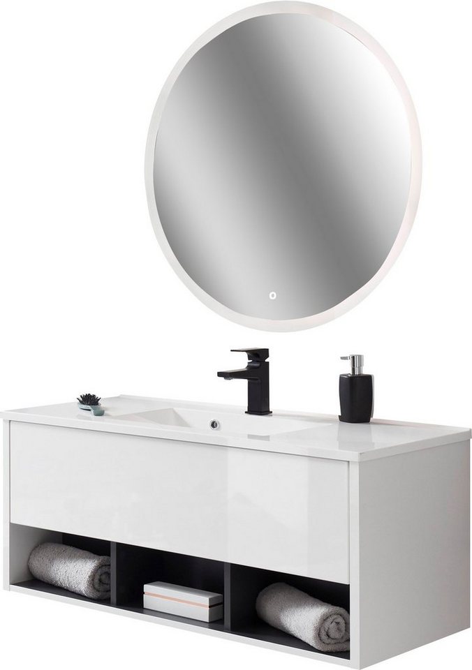 Places of Style Badmöbel-Set Studio Line, Bad im modernen Design, 2-teiliges Badezimmer, (2-St), Waschtisch und Spiegel, in zwei Farben verfügbar, viel Stauraum von Places of Style