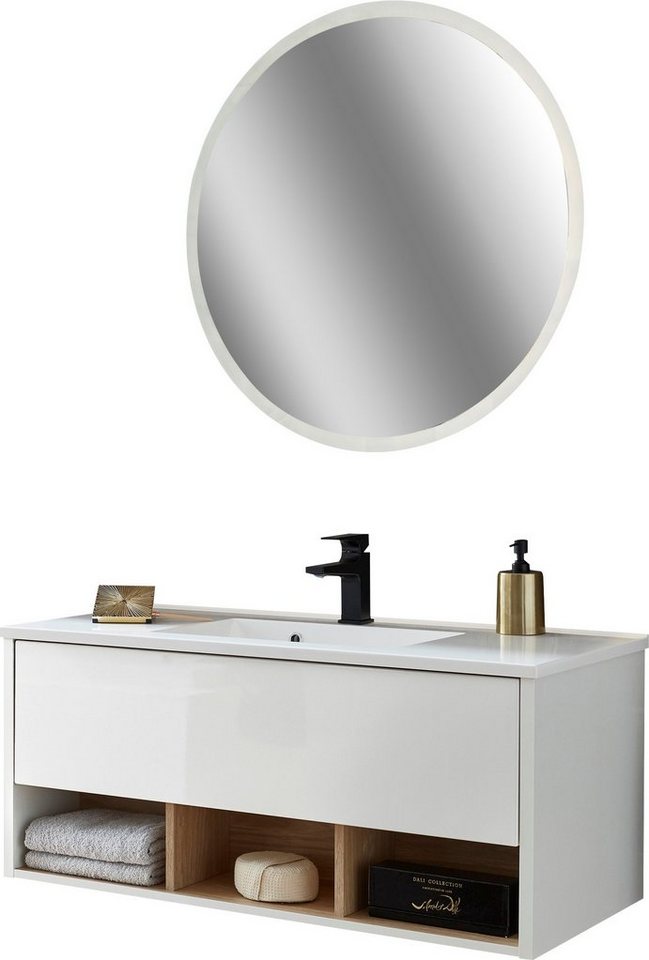 Places of Style Badmöbel-Set Studio Line, Bad im modernen Design, 2-teiliges Badezimmer, (2-St), Waschtisch und Spiegel, in zwei Farben verfügbar, viel Stauraum von Places of Style