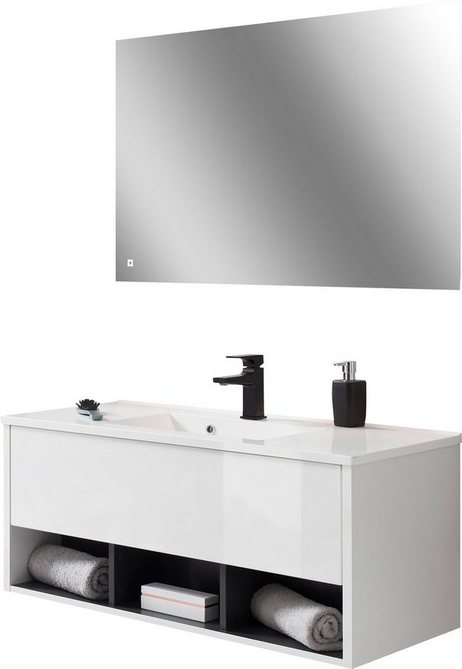 Places of Style Badmöbel-Set Studio Line, Bad im modernen Design, 2-teiliges Badezimmer, (2-St), Waschtisch und Spiegel, in zwei Farben verfügbar, viel Stauraum von Places of Style
