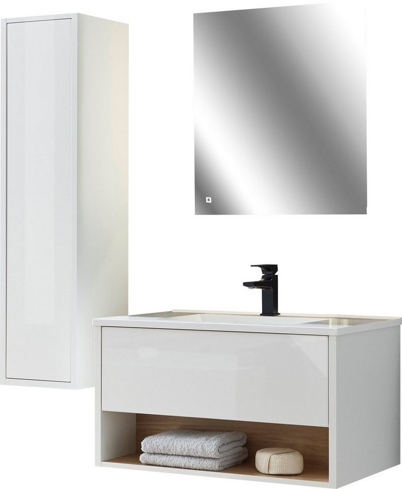 Places of Style Badmöbel-Set Studio Line, Bad im modernen Design, 3-teiliges Badezimmer, (3-St), Schrank, Waschtisch und Spiegel, in zwei Farben verfügbar, Stauraum von Places of Style