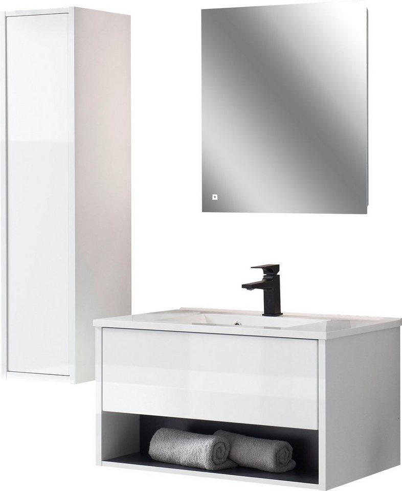 Places of Style Badmöbel-Set Studio Line, Bad im modernen Design, 3-teiliges Badezimmer, (3-St), Schrank, Waschtisch und Spiegel, in zwei Farben verfügbar, Stauraum von Places of Style