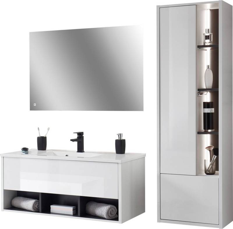 Places of Style Badmöbel-Set Studio Line, Bad im modernen Design, 3-teiliges Badezimmer, (3-St), Schrank, Waschtisch und Spiegel, in zwei Farben verfügbar, Stauraum von Places of Style