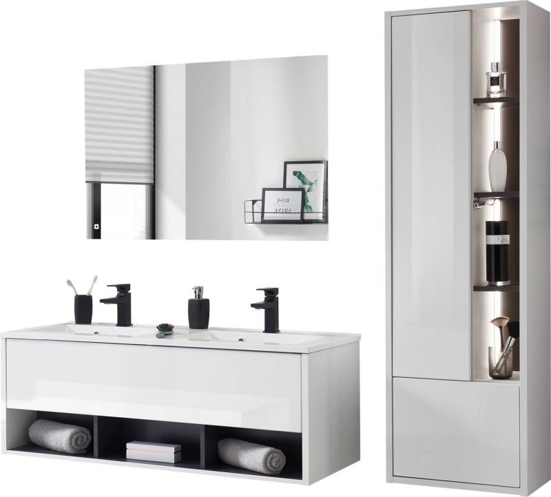 Places of Style Badmöbel-Set Studio Line, Bad im modernen Design, 3-teiliges Badezimmer, (3-St), Schrank, Waschtisch und Spiegel, in zwei Farben verfügbar, Stauraum von Places of Style