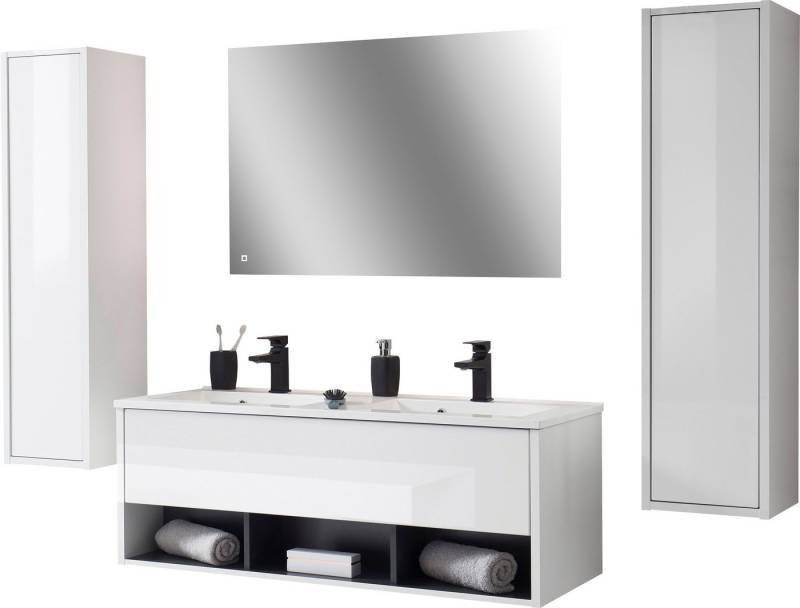 Places of Style Badmöbel-Set Studio Line, Bad im modernen Design, 4-teiliges Badezimmer, (4-St), Schrank, Waschtisch und Spiegel, in zwei Farben verfügbar, Stauraum von Places of Style