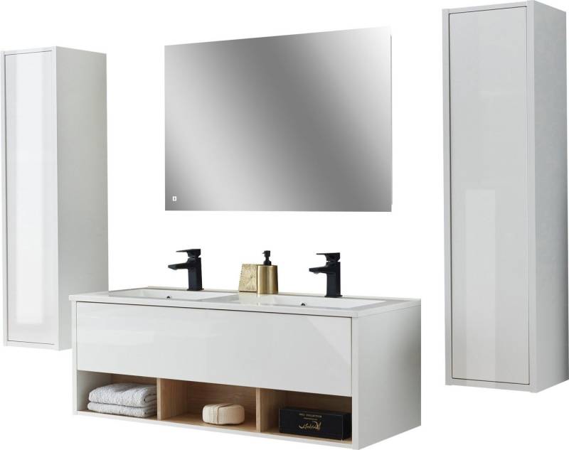 Places of Style Badmöbel-Set Studio Line, Bad im modernen Design, 4-teiliges Badezimmer, (4-St), Schrank, Waschtisch und Spiegel, in zwei Farben verfügbar, Stauraum von Places of Style
