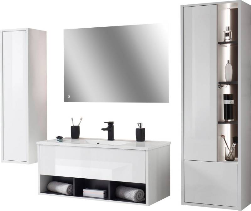 Places of Style Badmöbel-Set Studio Line, Bad im modernen Design, 4-teiliges Badezimmer, (4-St), Schrank, Waschtisch und Spiegel, in zwei Farben verfügbar, Stauraum von Places of Style