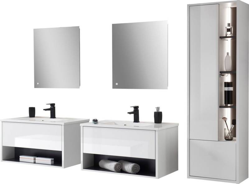 Places of Style Badmöbel-Set Studio Line, Bad im modernen Design, 5-teiliges Badezimmer, (5-St), Schrank, Waschtisch und Spiegel, in zwei Farben verfügbar, Stauraum von Places of Style