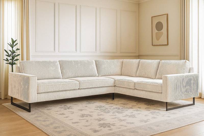 Places of Style Ecksofa Pinto, XXL, 250/290 cm, langer Schenkel, Ottomane, Cord, Chenille, Lederoptik, mit Keder, Metallfüße, Wellenunterfederung von Places of Style