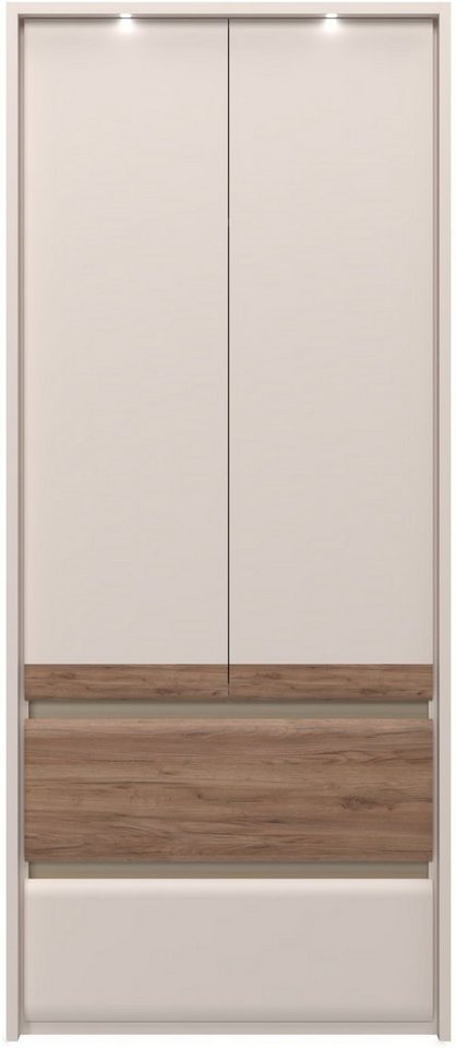 Places of Style Kleiderschrank Invictus, UV lackiert, kratzfest, FSC-zertifiziert, grifflose Optik (abgerundete Schubladen aus MDF im Holzdekor, soft-close) mit Beleuchtung und Passpartourahmen, hoher Schrank (226cm), 6 Breiten von Places of Style