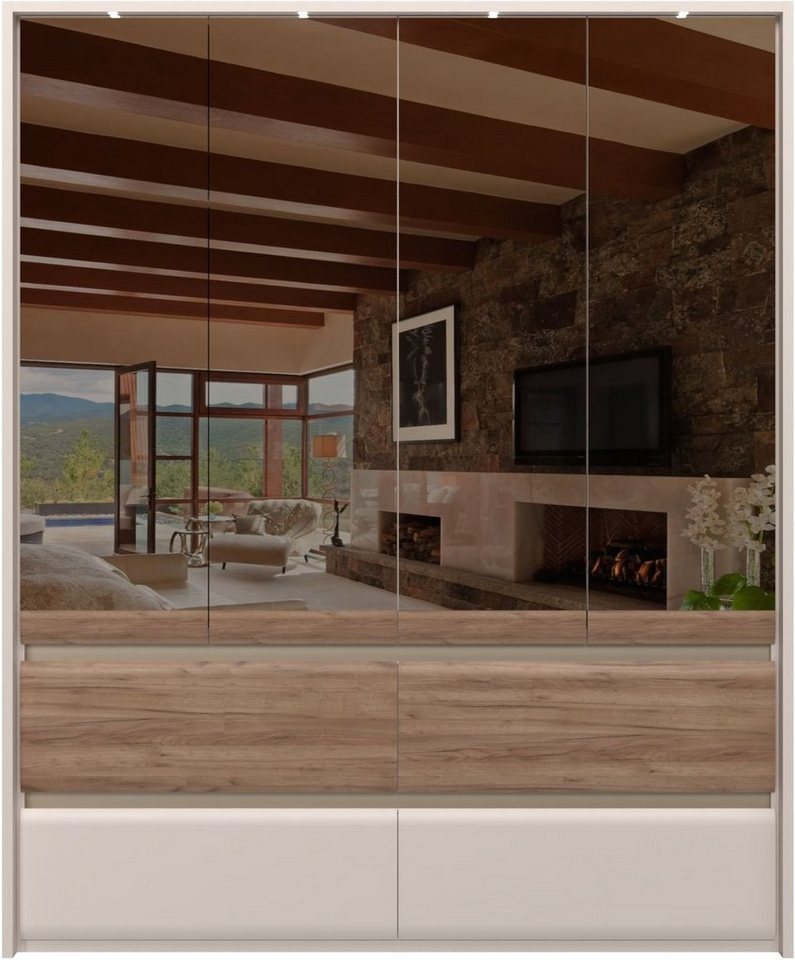 Places of Style Kleiderschrank Invictus, UV lackiert, FSC-zertifiziert, grifflose Optik (abgerundete Schubladen aus MDF im Holzdekor, soft-close) mit Beleuchtung, Türen komplett verspiegelt, hoher Schrank (226cm) von Places of Style