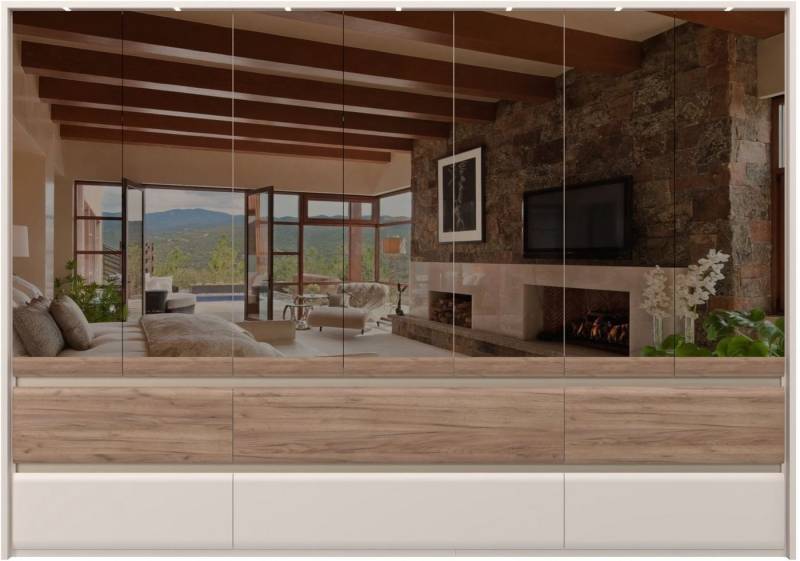 Places of Style Kleiderschrank Invictus, UV lackiert, FSC-zertifiziert, grifflose Optik (abgerundete Schubladen aus MDF im Holzdekor, soft-close) mit Beleuchtung, Türen komplett verspiegelt, hoher Schrank (226cm) von Places of Style