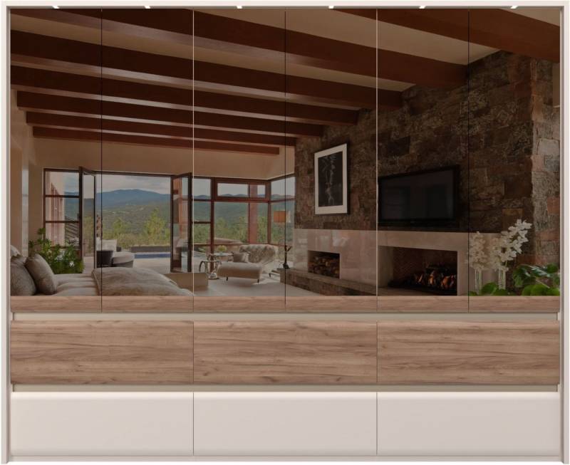 Places of Style Kleiderschrank Invictus, UV lackiert, FSC-zertifiziert, grifflose Optik (abgerundete Schubladen aus MDF im Holzdekor, soft-close) mit Beleuchtung, Türen komplett verspiegelt, hoher Schrank (226cm) von Places of Style