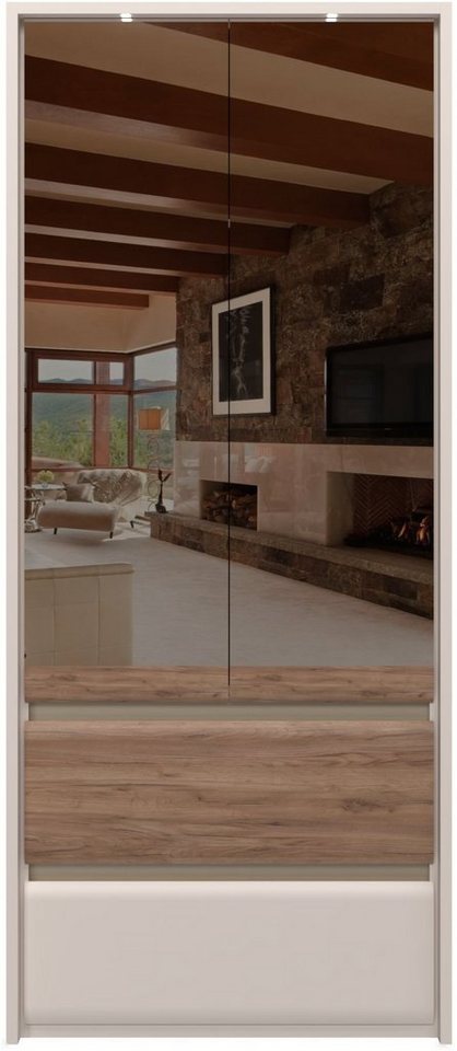 Places of Style Kleiderschrank Invictus, UV lackiert, FSC-zertifiziert, grifflose Optik (abgerundete Schubladen aus MDF im Holzdekor, soft-close) mit Beleuchtung, Türen komplett verspiegelt, hoher Schrank (226cm) von Places of Style