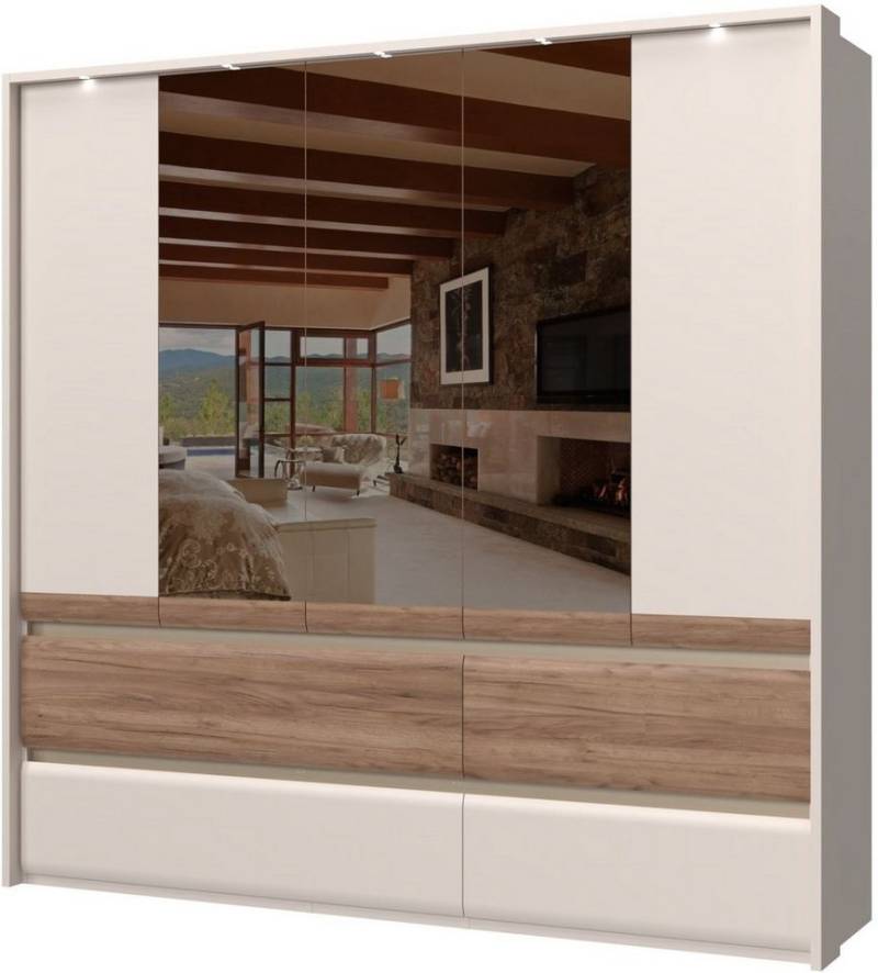 Places of Style Kleiderschrank Invictus, UV lackiert, FSC-zertifiziert, grifflose Optik (abgerundete Schubladen aus MDF im Holzdekor, soft-close) mit Beleuchtung und Spiegel, in 4 Breiten, hoher Schrank (226cm) von Places of Style