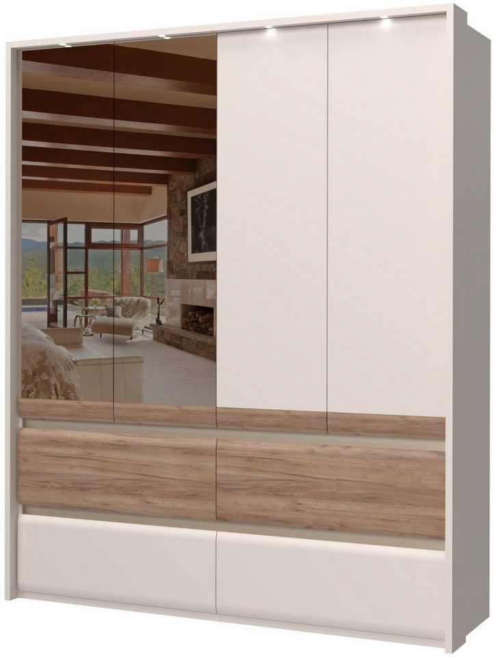 Places of Style Kleiderschrank Invictus, UV lackiert, FSC-zertifiziert, grifflose Optik (abgerundete Schubladen aus MDF im Holzdekor, soft-close) mit Beleuchtung und Spiegel, in 4 Breiten, hoher Schrank (226cm) von Places of Style