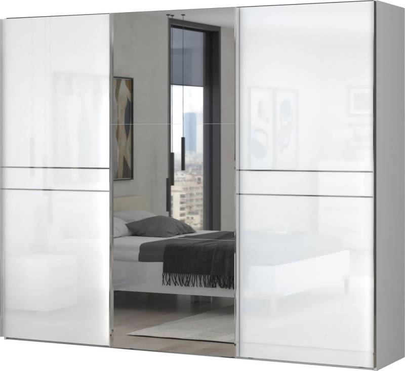 Places of Style Schwebetürenschrank Piano, mit Einlegeböden, Kleiderstangen, Spiegel, Türen soft-close (in 3 Breiten, 224cm hoch, mit verchromten Aufleistungen) mit Spiegeltür, FSC-zertifizierter Holzwerkstoff von Places of Style