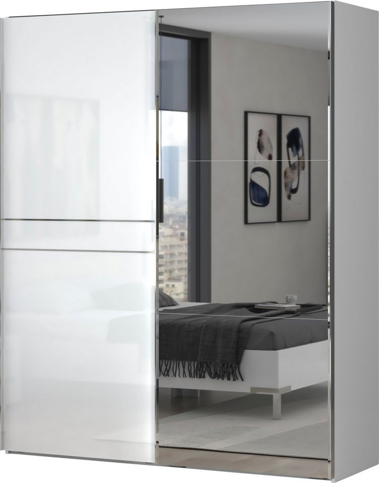 Places of Style Schwebetürenschrank Piano, mit Einlegeböden, Kleiderstangen, Spiegel, Türen soft-close (in 3 Breiten, 224cm hoch, mit verchromten Aufleistungen) mit Spiegeltür, FSC-zertifizierter Holzwerkstoff von Places of Style