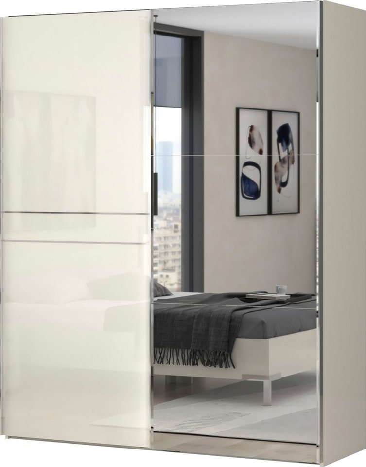 Places of Style Schwebetürenschrank Piano, mit Einlegeböden, Kleiderstangen, Spiegel, Türen soft-close (in 3 Breiten, 224cm hoch, mit verchromten Aufleistungen) mit Spiegeltür, FSC-zertifizierter Holzwerkstoff von Places of Style