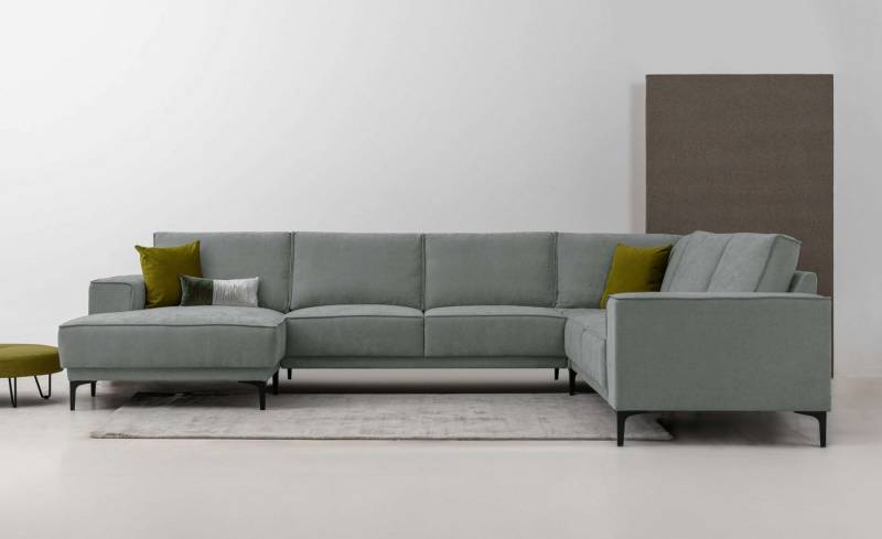 Places of Style Wohnlandschaft XXL Sofa Oland, Struktur, Flachgewebe, Luxus-Microfaser, Boucle, U-Form, 342 cm, Wellenunterfederung, Skandi-Design, Metallfüße von Places of Style