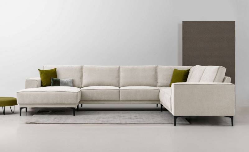 Places of Style Wohnlandschaft XXL Sofa Oland, Struktur, Flachgewebe, Luxus-Microfaser, Boucle, U-Form, 342 cm, Wellenunterfederung, Skandi-Design, Metallfüße von Places of Style