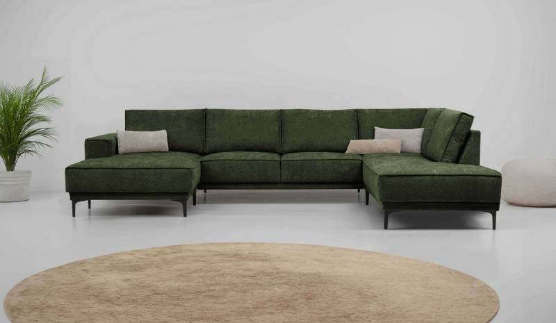 Places of Style Wohnlandschaft XXL Sofa Oland, Struktur, Flachgewebe, Luxus-Microfaser, Boucle, U-Form, 345 cm, Wellenunterfederung, Skandi-Design, Metallfüße von Places of Style