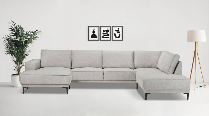 Places of Style Wohnlandschaft XXL Sofa Oland, Struktur, Flachgewebe, Luxus-Microfaser, Boucle, U-Form, 345 cm, Wellenunterfederung, Skandi-Design, Metallfüße von Places of Style