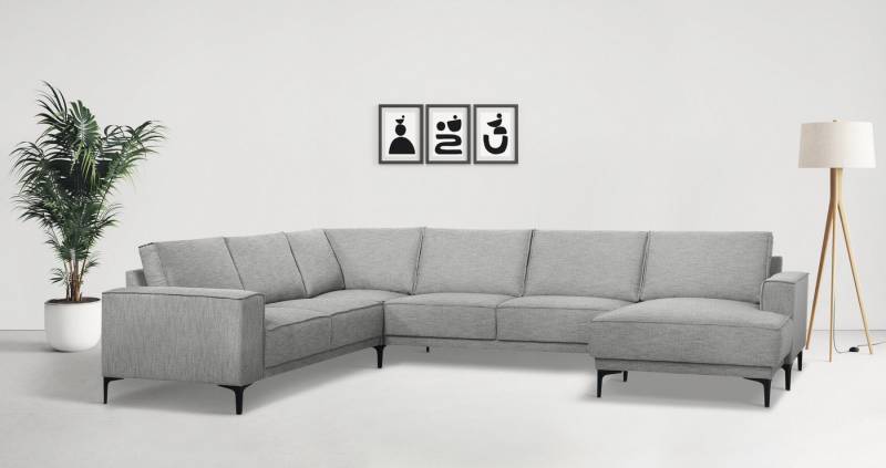 Places of Style Wohnlandschaft XXL Sofa Oland, Struktur, Flachgewebe, Luxus-Microfaser, Boucle, U-Form, 342 cm, Wellenunterfederung, Skandi-Design, Metallfüße von Places of Style
