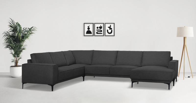Places of Style Wohnlandschaft XXL Sofa Oland, Struktur, Flachgewebe, Luxus-Microfaser, Boucle, U-Form, 342 cm, Wellenunterfederung, Skandi-Design, Metallfüße von Places of Style