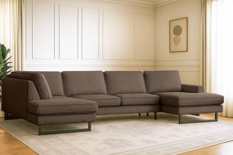 Places of Style Wohnlandschaft Pinto, 350 cm, U-Form, XXL, mit Ottomanen, Cord, Chenille, Lederoptik, mit Keder, Metallfüße, Wellenunterfederung von Places of Style
