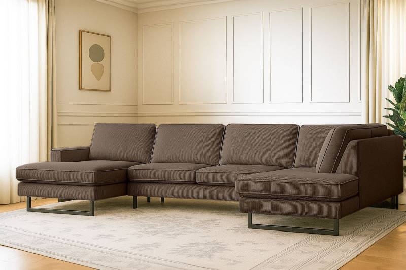 Places of Style Wohnlandschaft Pinto, 350 cm, U-Form, XXL, mit Ottomanen, Cord, Chenille, Lederoptik, mit Keder, Metallfüße, Wellenunterfederung von Places of Style