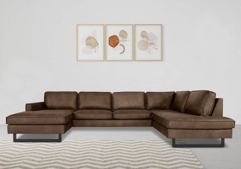Places of Style Wohnlandschaft Pinto, 350 cm, U-Form, XXL, mit Ottomanen, Cord, Chenille, Lederoptik, mit Keder, Metallfüße, Wellenunterfederung von Places of Style