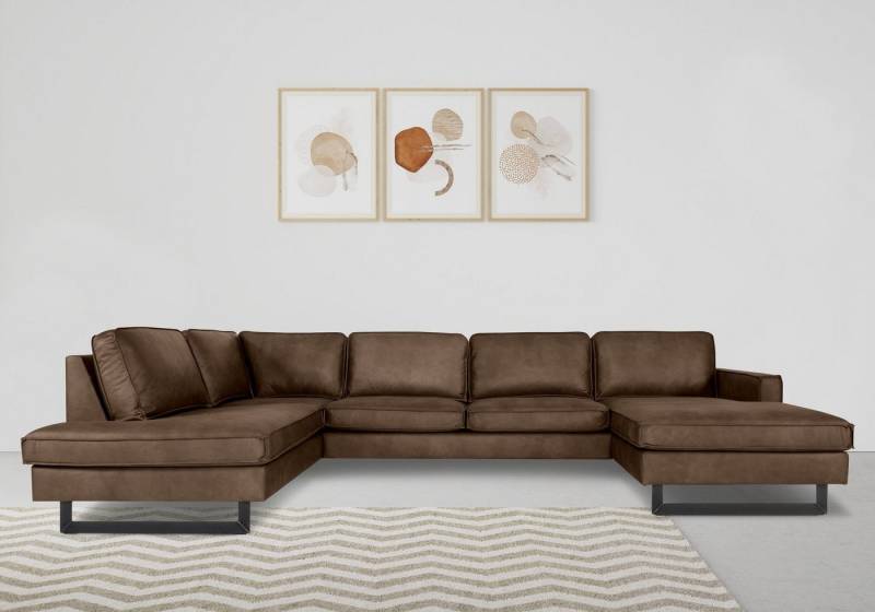 Places of Style Wohnlandschaft Pinto, 350 cm, U-Form, XXL, mit Ottomanen, Cord, Chenille, Lederoptik, mit Keder, Metallfüße, Wellenunterfederung von Places of Style