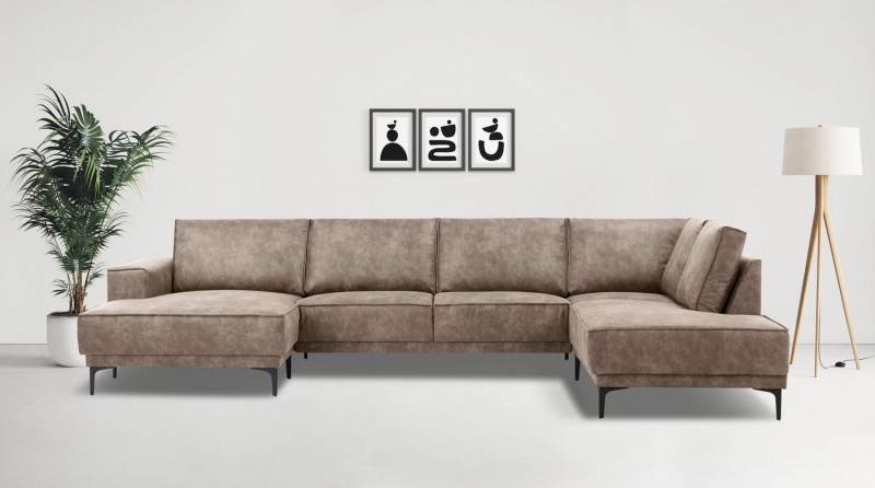 Places of Style Wohnlandschaft XXL Sofa Oland, Struktur, Flachgewebe, Luxus-Microfaser, Boucle, U-Form, 345 cm, Wellenunterfederung, Skandi-Design, Metallfüße von Places of Style