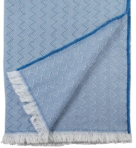 Lange Fischgrat Baumwolldecke 'Light Cotton', Plaid 100% Baumwolle mit kurzen Fransen 140x205cm, Wohndecke, Kuscheldecke, Tagesdecke, Sofadecke (blau-Creme) von Plaids & Co