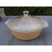 Feuerkönig Auflaufform Pfirsich Lusterware Mit Klarem Deckel Super Zustand von PlainOldFun