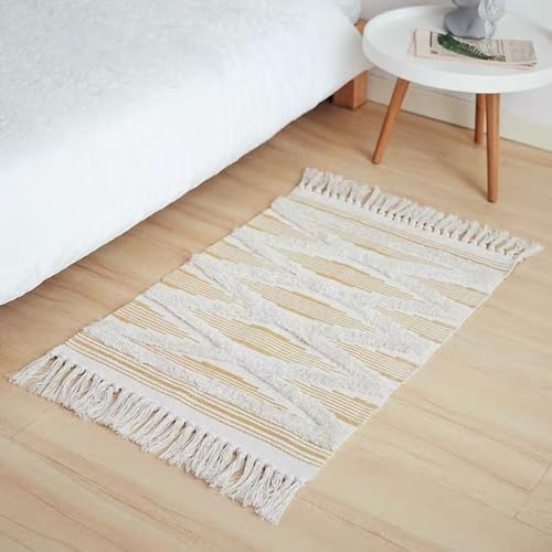 Plancholo Baumwollteppich Läufer Schlafzimmer Flur Teppich Läufer Boho Küchenteppich Läufer mit Quasten für Schlafzimmer Wohnzimmer Küche 60x90cm von Plancholo