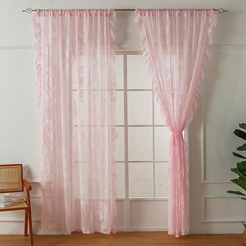 Plancholo Rosa Spitzenvorhang für Schlafzimmer Wohnzimmer 250 cm lang 1 Panel Rose Blumenstickerei gerüscht Vintage Fensterbehandlung Boho Sheer Drapierstangentasche 140 cm B x 259 cm L von Plancholo